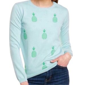 Two Bees Cashmere Allover Pineapple Print Pullover Sweater Aqua SZ M